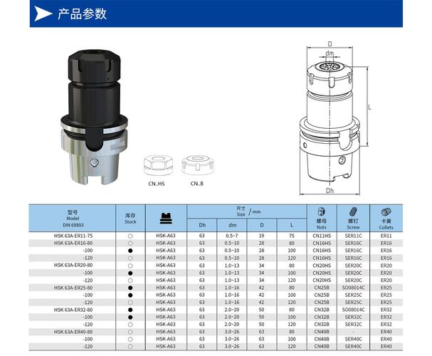 数控刀柄cnc加工中心刀柄hsk 63/100 er弹簧夹头刀柄