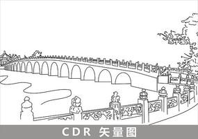 颐和园十七孔桥线描插画