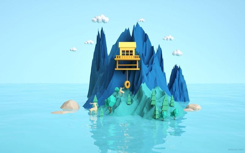 低多边形低面体c4d模型创意场景小岛屿山景工程源文件设计素材