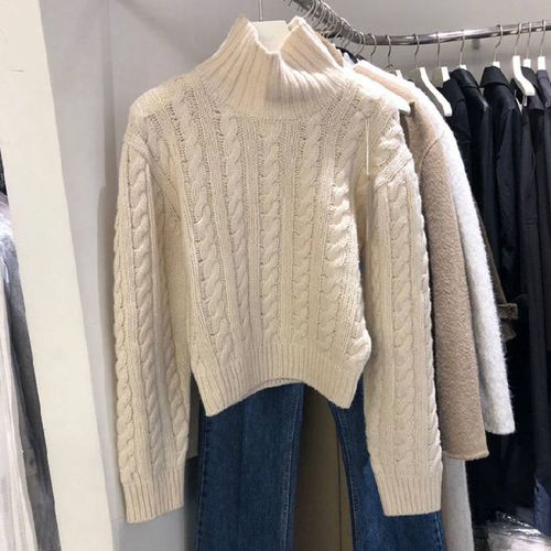 2020秋冬新款慵懒风高领麻花休闲宽松舒适短款针织毛衣百搭上衣女