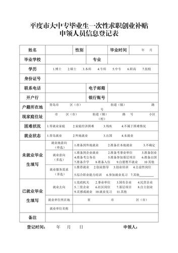 平度市大中专毕业生一次性求职创业补贴申领人员信息登记表_第1页