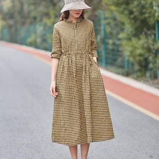 2019春季新款女装复古格子棉麻长袖连衣裙花边领抽绳休闲显瘦长裙