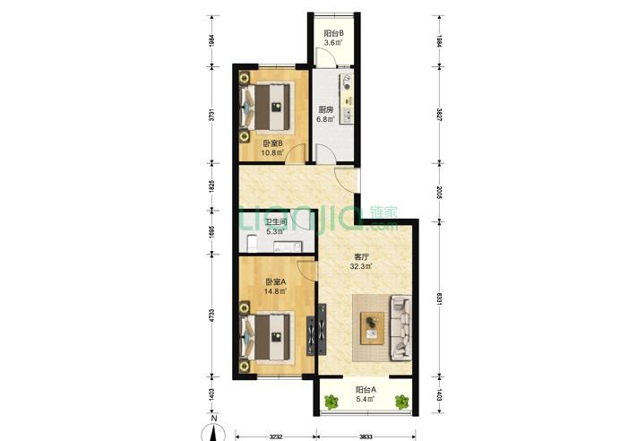 天露园一区 2室1厅1卫 98㎡ 户型