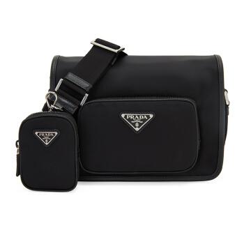普拉达prada男士黑色再生尼龙三角形金属徽标配可拆卸小袋单肩包2vd
