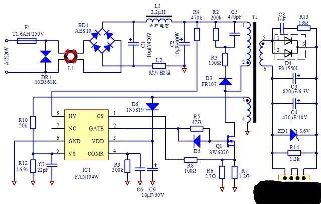 图1 某开关电源电路图帖子上说该电路的输出能力为5v-2a,那么我们从左