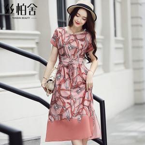 丝柏舍2018年夏季新款女装时尚气质圆领印花中长连衣裙s82r0512l