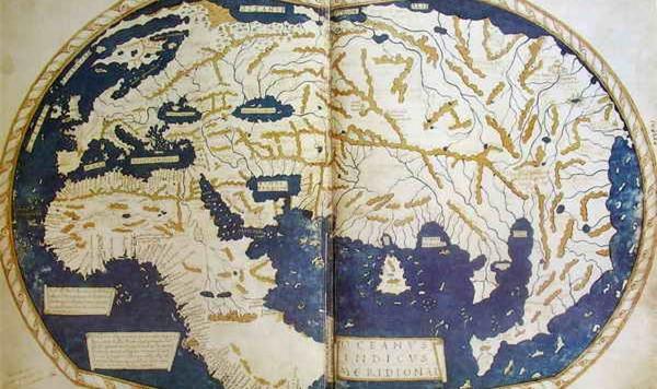 为西元15世纪90年代(大明孝宗时期),欧洲亨利库斯-马特鲁斯世界地图