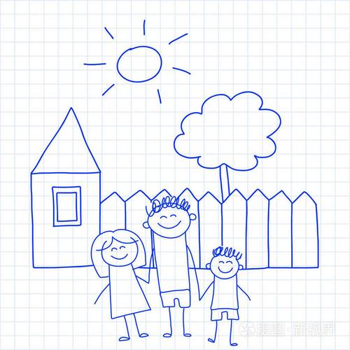愉快的家庭与小孩和房子孩子画向量例证蓝色墨水笔图片在被检查的记事