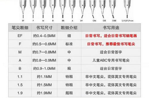 钢笔笔尖词条中列出的笔尖标示及对应的粗细程度说明不同粗细的笔尖会