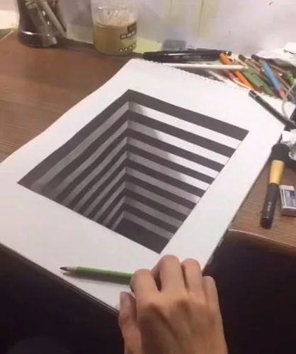 先在纸面上画出一个长方形轮廓,然后画出内部的立体线,之后用黑白格