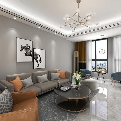 吊顶潜入黑色拉丝钛金条,搭配便轻奢家具,灰橙配色