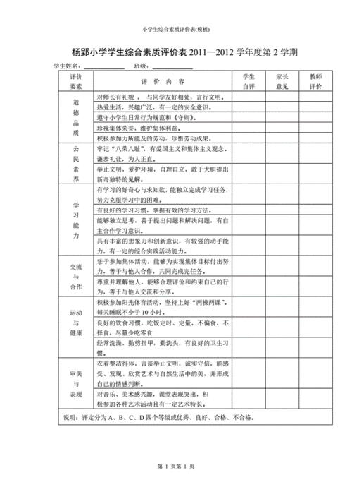 小学生综合素质评价表模板pdf2页