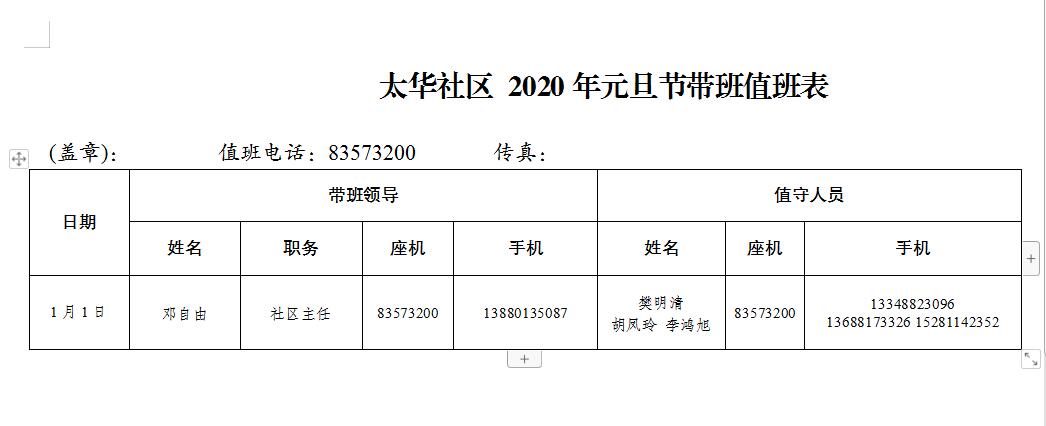 太华社区2020年元旦节值班表