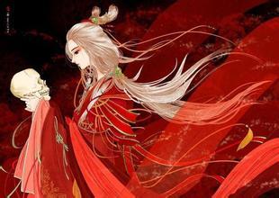 求红衣白发古装女子图