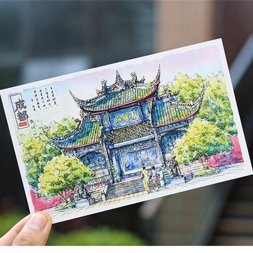 天府手绘明信片成都创意四川大学青城山武侯祠
