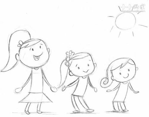 一起跳舞的三姐妹铅笔画作品图片