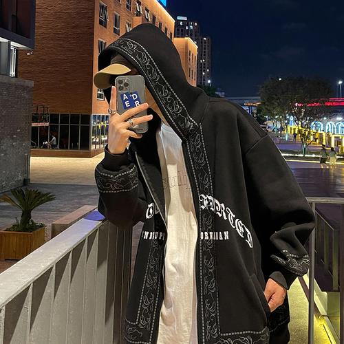 高级感卫衣男小众原创拉链连帽开衫江浙沪穿搭暗黑美式hiphop外套