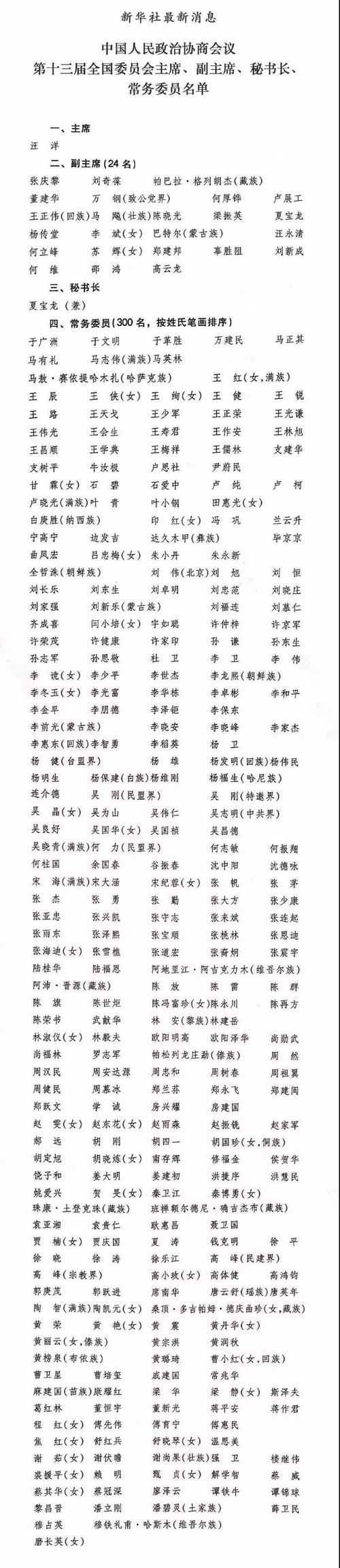 十三届全国政协主席,副主席,秘书长,常务委员名单