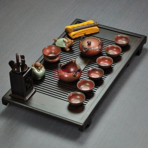 唐丰特价功夫茶具紫砂茶杯组合零件 整套黑檀实木茶盘