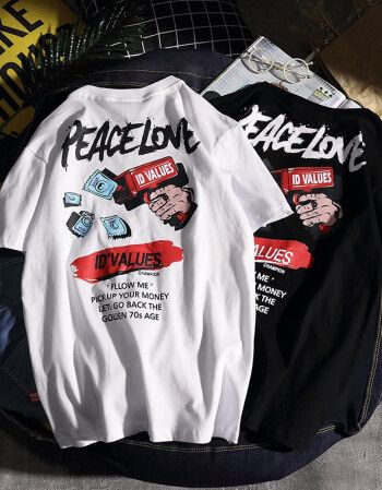 幻夕兔嘻哈青少年国潮情侣短袖字母手枪男潮牌t恤ins超火男装半袖男