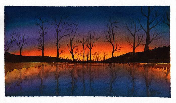 水彩画夕阳水彩画夕阳落日绘画作品