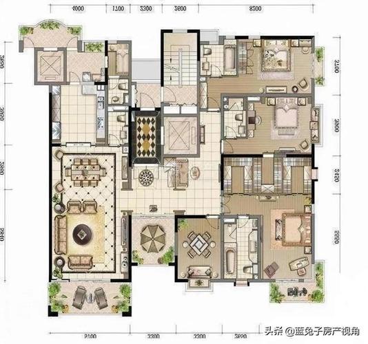 整个户型有两部电梯,中间的电梯进来是独立电梯门厅,通过双开门入户