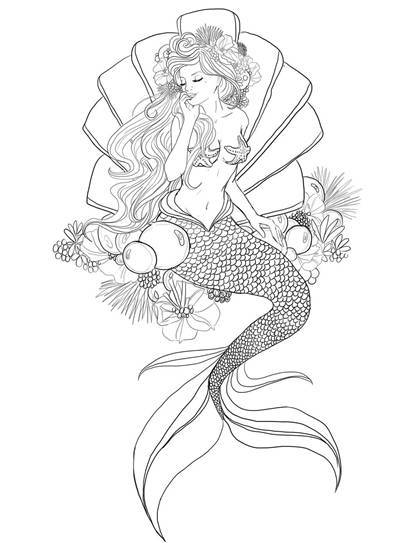 44张线条美人鱼纹身手稿素材图片