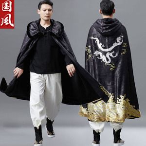 中国民族风古装古风披风男冬季加绒龙袍风衣外套中长款汉服斗篷装