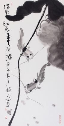 【已售】著名禅意画家周自豪三尺国画荷花图《年年有