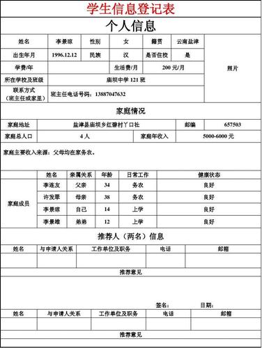 文档网 所有分类 表格/模板 表格类模板 学生信息登记表 学生入学信息