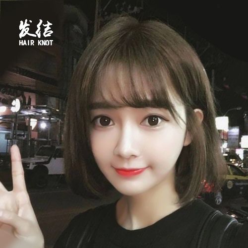 发结 真发假发短发女bobo波波头 真人发丝梨花头空气刘海短卷发商品