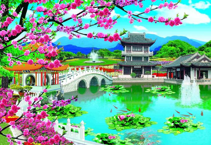 装饰画小桥流水房屋山水风景画瀑布纸质防水贴画海报墙画包邮