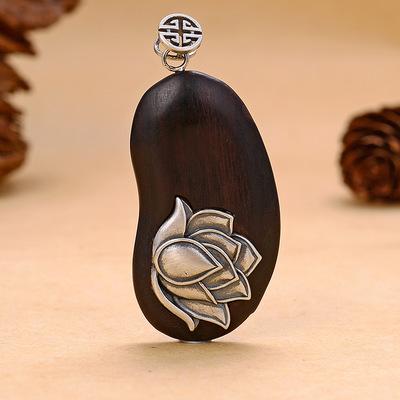 s925纯银饰品复古泰银木头项链吊坠黑檀木镶嵌银荷花相思豆女款