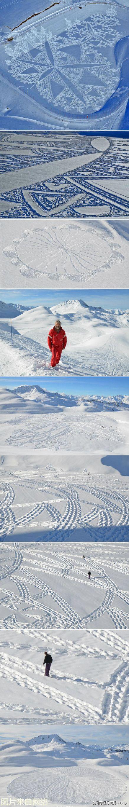 【靠脚"走"出巨幅画作】英国艺术家simon beck在雪地上用行走绘制出了