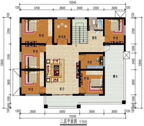 二层布局设置五室一厅一卫带书房,阳光房和露台.