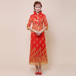2016春夏装金线蕾丝刺绣红色绣花订珠秀禾服结婚礼服新娘装小凤仙