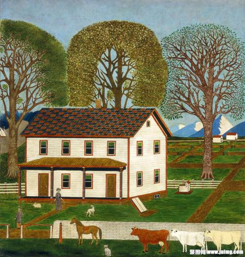 美国乡村牧场房屋风景油画