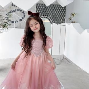 冰雪生日礼服裙女童宫廷风泡泡袖公主裙儿童网纱拼接连衣裙亮片裙