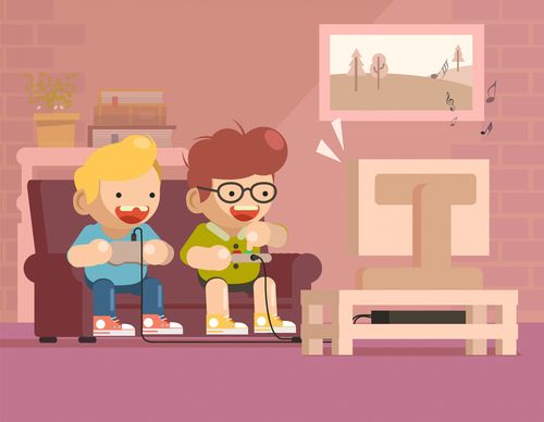 创意客厅打电动游戏的孩子矢量素材