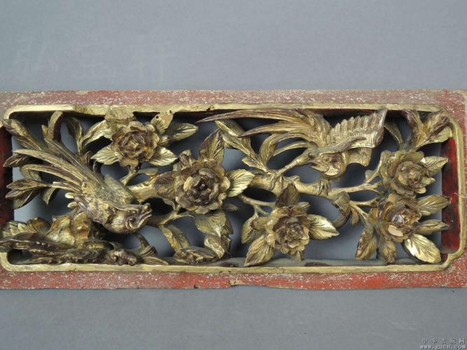 清代#精工立体透雕花鸟纹饰木雕板一块