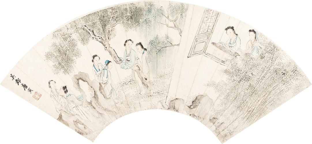 唐寅 八美图 设色纸本 扇面