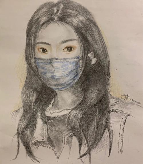 刘意 戴口罩的自画像 素描