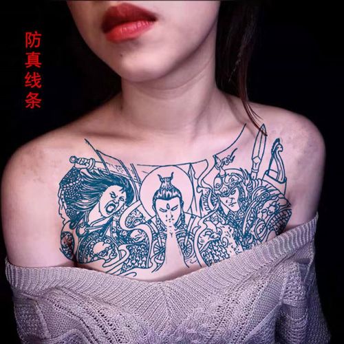 弦桃花胸二郎神杨戬胸前防水纹身贴男女逼真割线条刺青色白起赵云p1