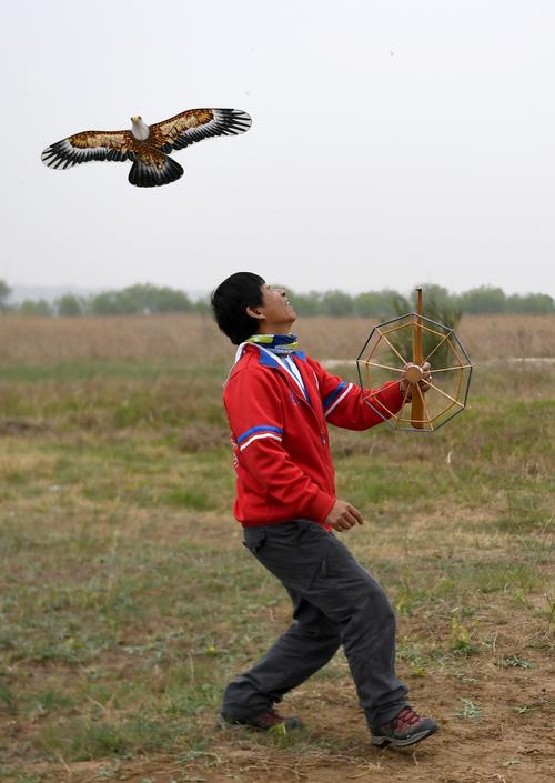 4月12日,来自上海的参赛选手徐雷在风筝大赛现场展示"盘鹰"技艺.