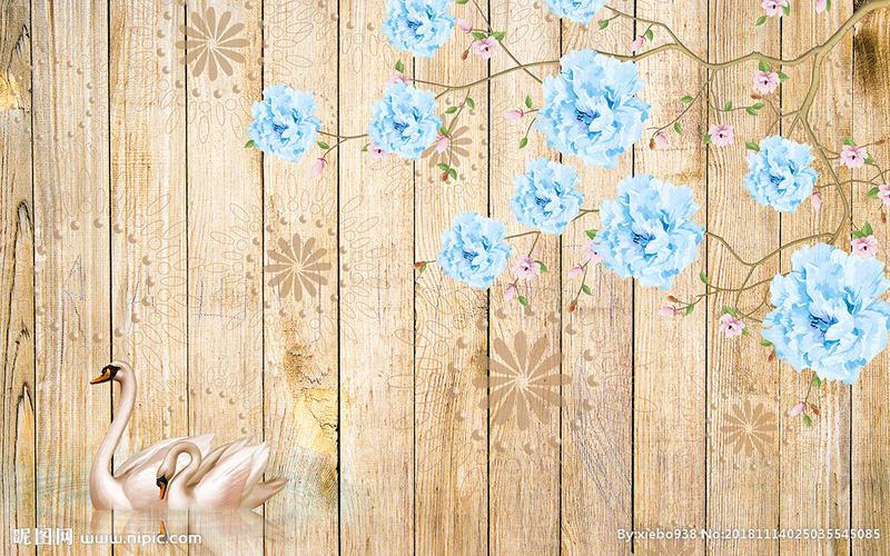 天鹅湖唯美蓝色花卉木板背景墙图片
