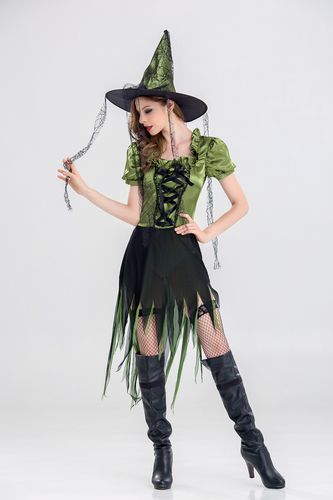 万圣节服装 halloween恶魔装 女巫装 cosplay吸血鬼 绿色扫把巫婆