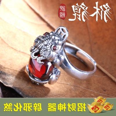 s925纯银貔貅戒指女款石榴石皮丘开口指环招财辟邪尾戒民族风饰品