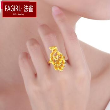 法雀3d硬金黄金孔雀戒指指环女款999足金时尚凤凰戒指