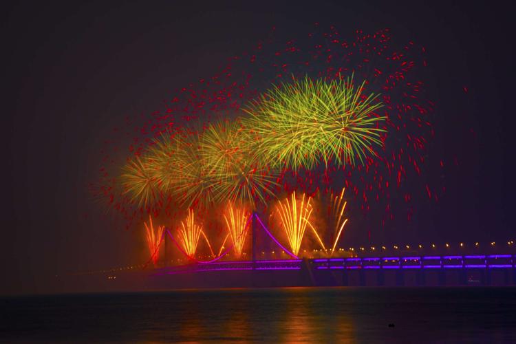 今年我是在星海公园海岸, 由于烟花表演地点在星海湾跨海大桥中央