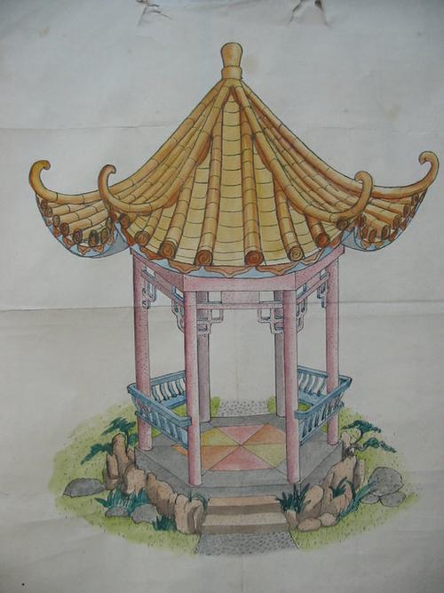陈国姬手绘图-塑竹亭,塑松树皮等各式亭效果图